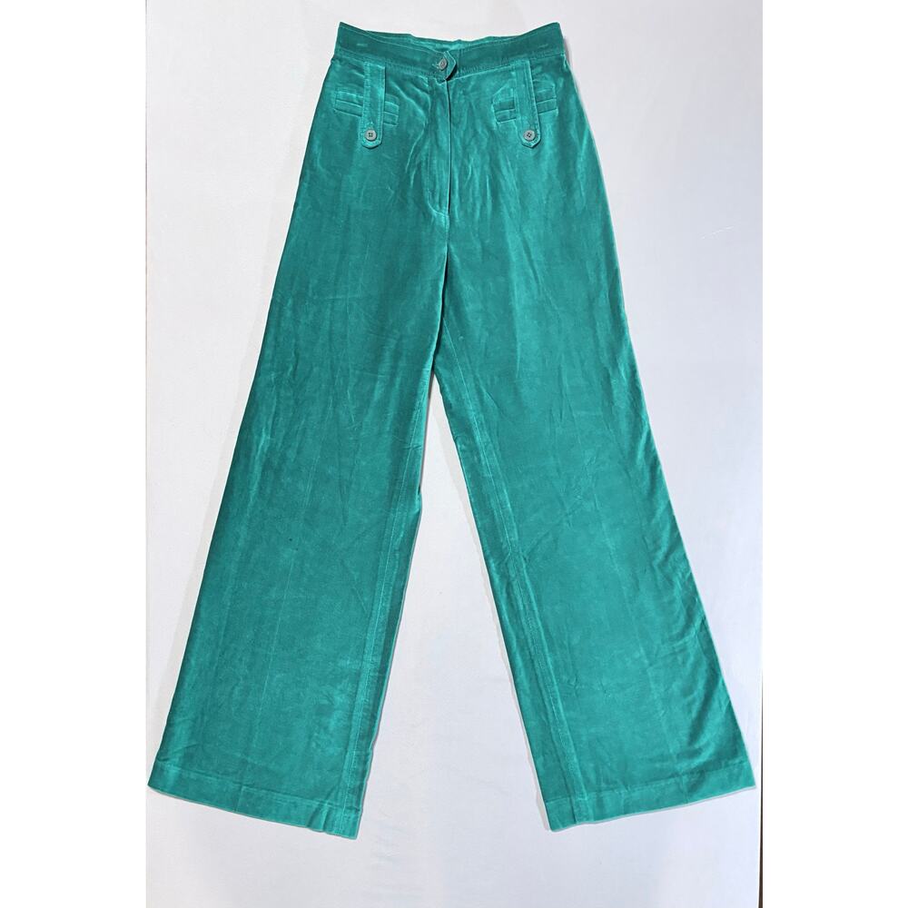 Vintage Teal Velvet Pant High Waist Wide Leg Retro Trouser 70's 80's Women's XS